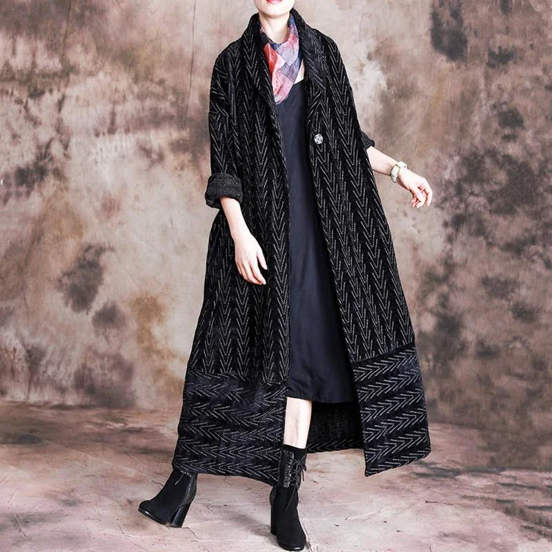 Fashion black striped Woolen Coats plus size long tie waist Notched winter coat