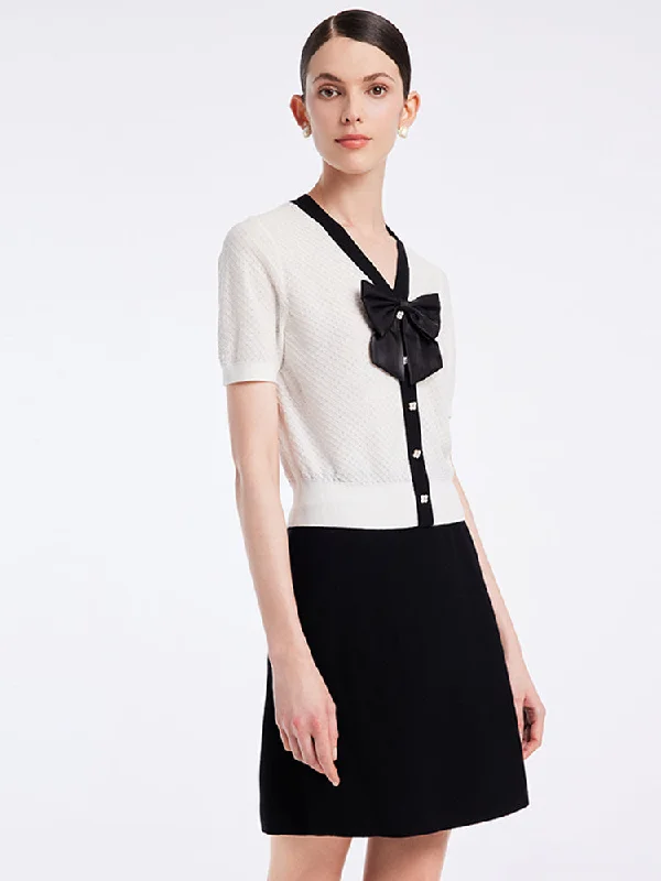 Woolen Knit Top And Women Skirt With Bowknot Two-Piece Set