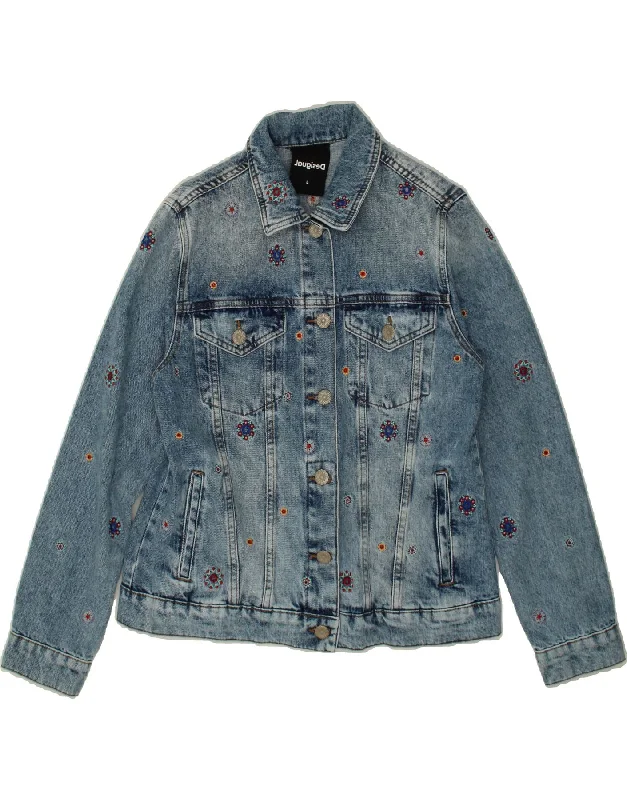 DESIGUAL Womens Denim Jacket UK 14 Large Blue Floral Cotton