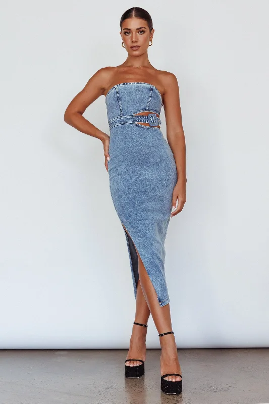 Glisten Cut-Out Buckle Waist Midi Dress Denim Blue