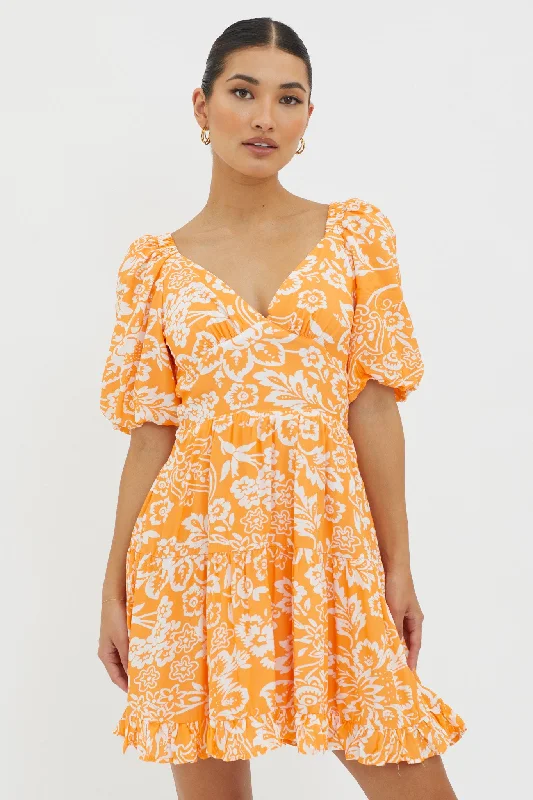 Madrid Summer Tied Back Mini Dress Print Orange