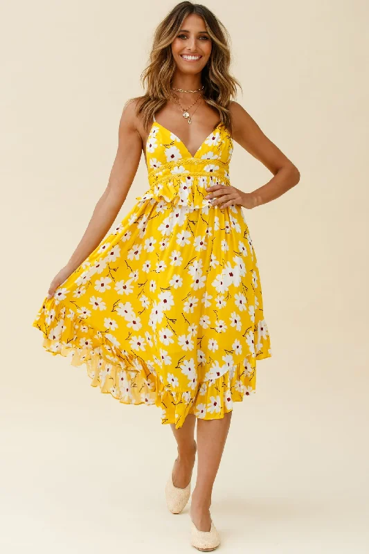 Marigold Peplum Midi Ruffle Dress Floral Print Yellow