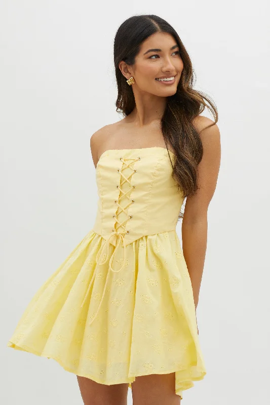 Mon Petit Lace-Up Bodice Mini Dress Yellow