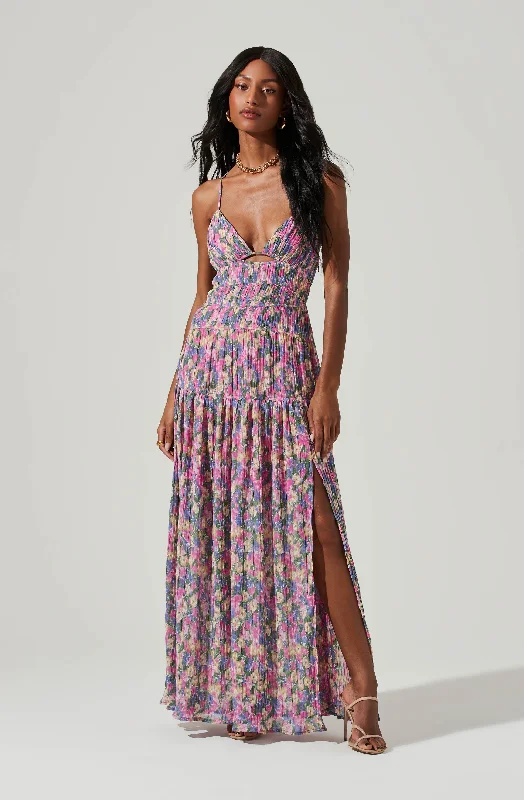 Tropics Plunge Neck Pleated Open Back Maxi Dress