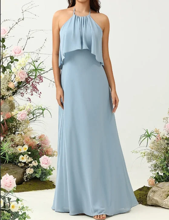 A Line Halter Neck Blue Long Bridesmaid Dress