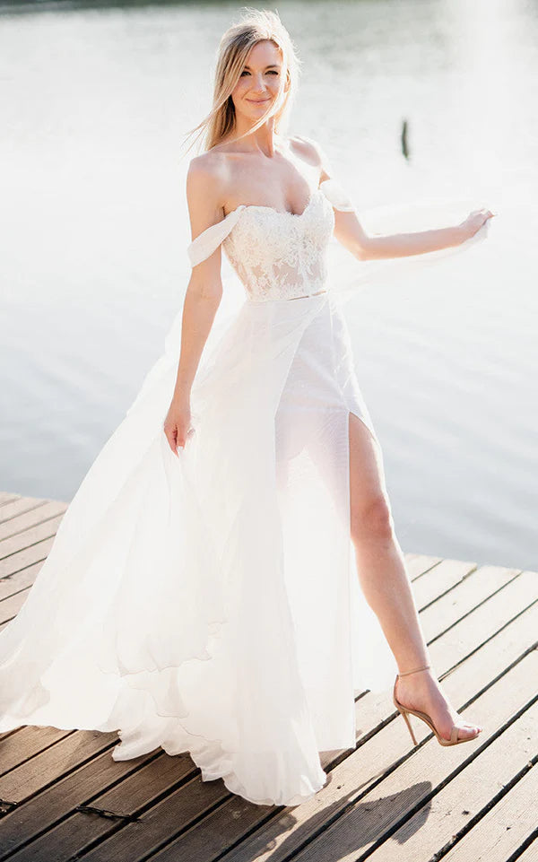 A-Line Lace White Lace-Up Off-the-Shoulder Wedding Dress with Slit