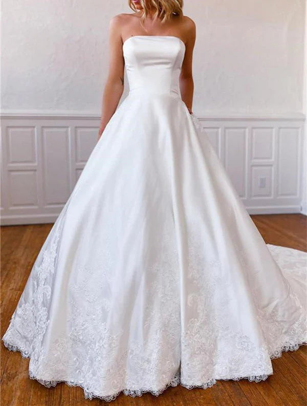 A-Line Strapless Satin Sweep Train Lace Appliques Wedding Dresses With Pockets