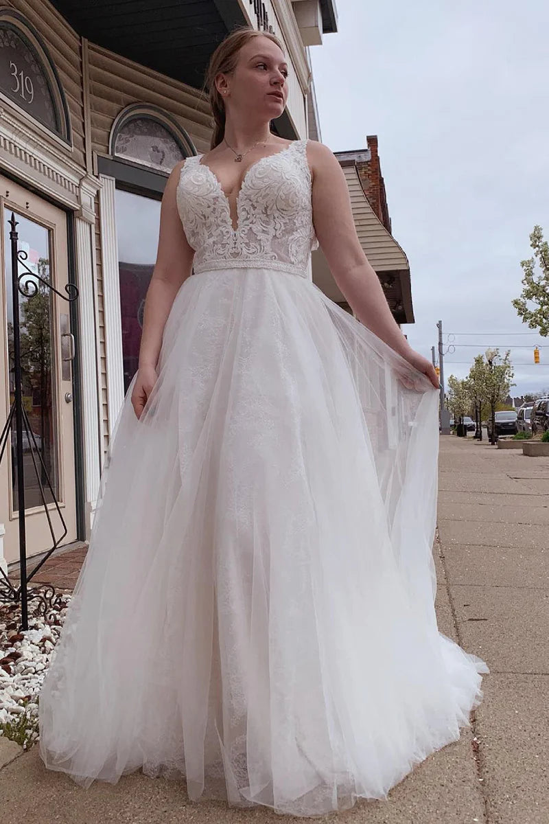 A-Line Tulle White Deep V Long Wedding Dress with Beading