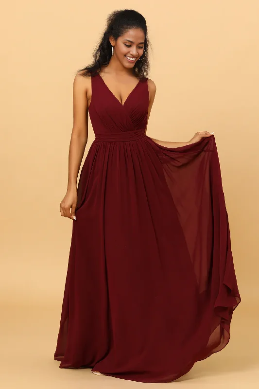 A-line V-Neck Chiffon Burgundy Bridesmaid Dress