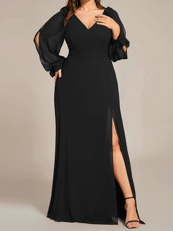 Black A Line/Princess Long Sleeves Chiffon Floor-Length V Neck Bridesmaid Dresses