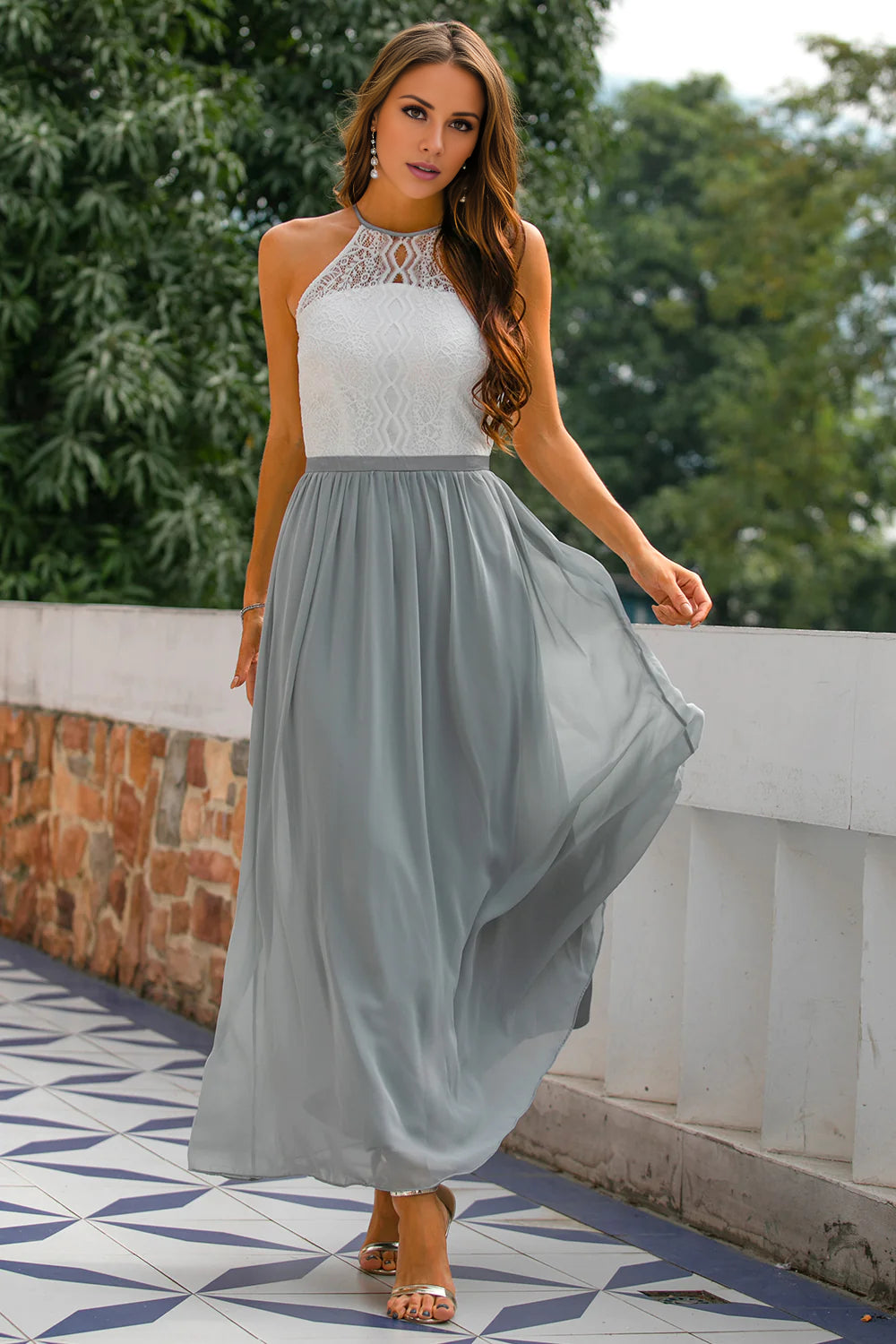 Grey Open Back Halter Lace Long Dress Bridesmaid Dress