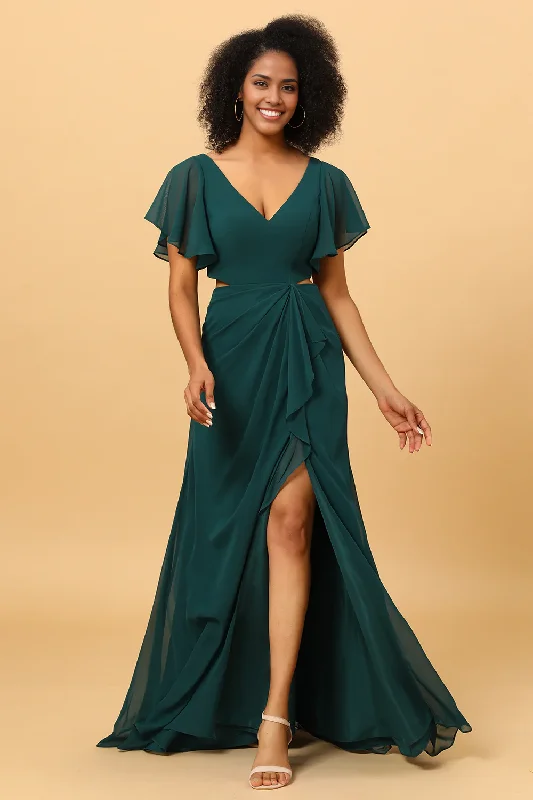 Hollow-out Chiffon Green Bridesmaid Dress V-Neck with Ruffles Sleeves