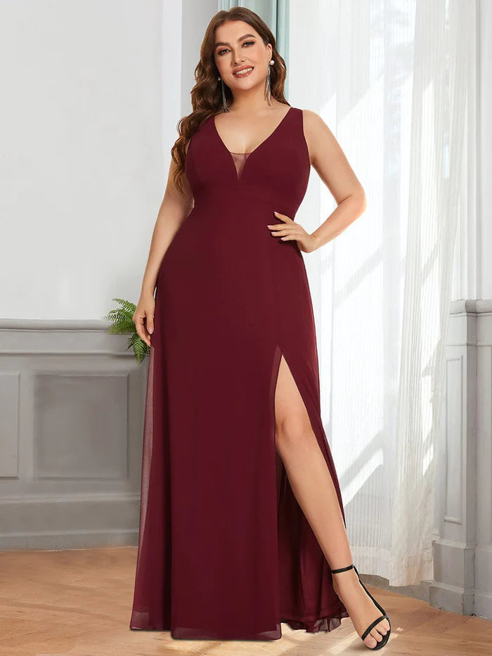 Plus Size Bow Tie Backless Chiffon High Slit Bridesmaid Dress