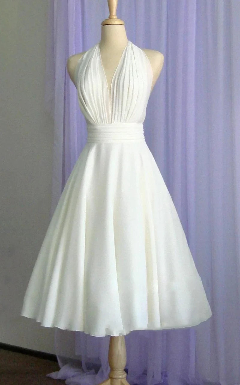 Vintage Tea-Length Chiffon Wedding Dress With Halter Neck and Bow