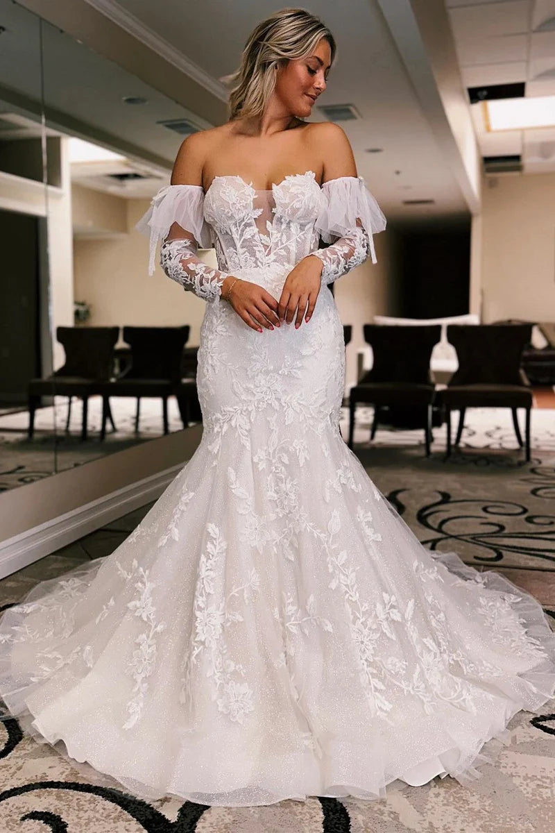 White Floral Lace Sweetheart Mermaid Wedding Dress with Detachable Sleeves Chapel Train Dress